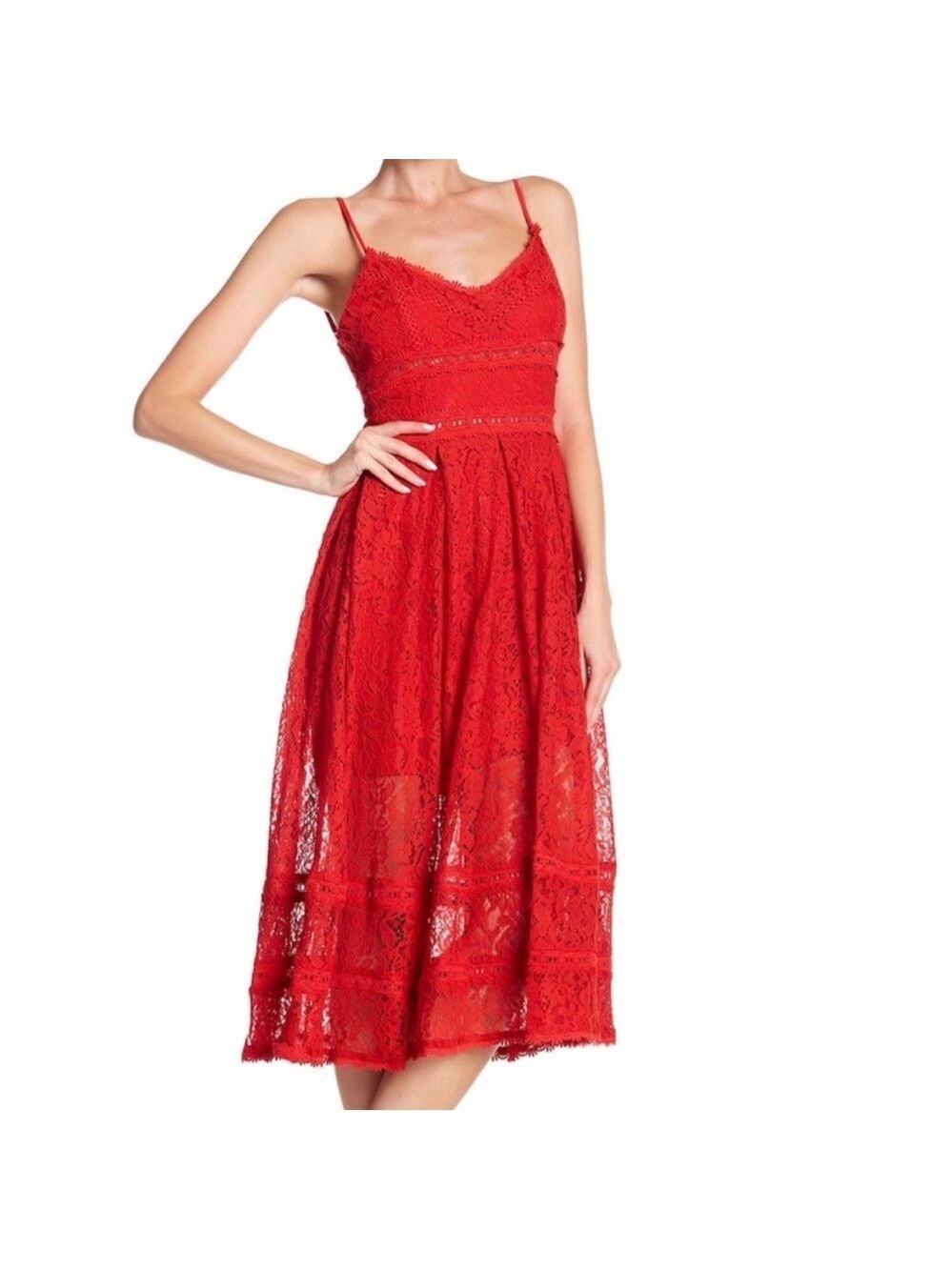 NSR Red lace tea length dress size S - Picture 2 of 13
